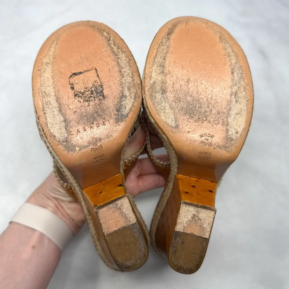 CASADEI Vintage Y2K Ostrich Leather Chunky Platform Wedge Sandal Heels Brown 7